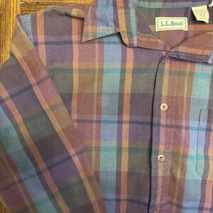 LL Bean Mens Plaid Button Down Shirt‎ Purple Teal Brown Long Sleeve Medium